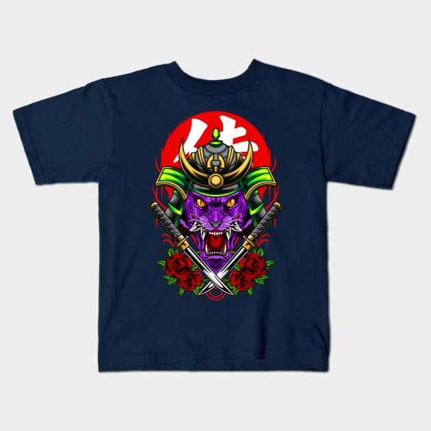 Samurai Wolf - Green Kabuto Kids T-Shirt by Harrisaputra